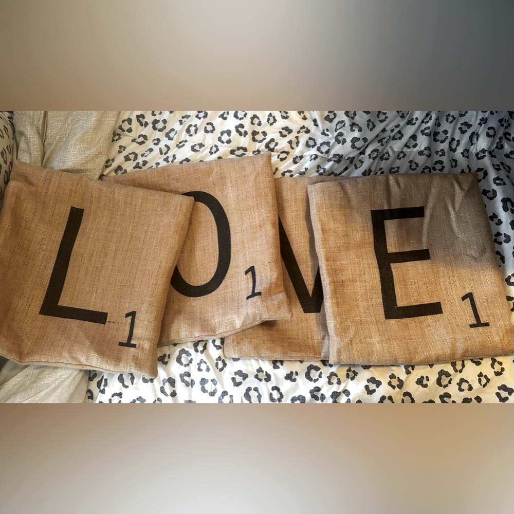 18x18 pillow covers scrabble letters L O V E burlap love black font